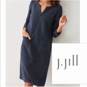 J Jill Navy Blue Striped 3/4 Sleeve Dress Women Medium Petite Patch Pockets